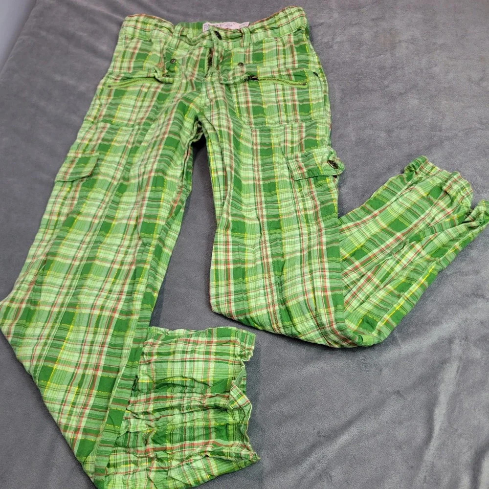The Childrens Place Kids Green Plaid Cargo Pants‎ Metallic Adjustable Waist 10